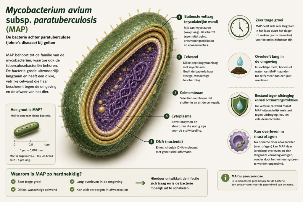 Myobacterium avium subsp. paratuberculosis (MAP): De bacterie die Paratuberculose (Johne's disease) veroorzaakt.